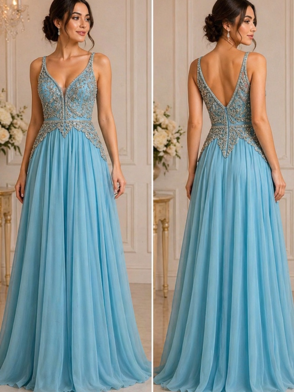Mon Cheri Sky Blue sleeveless Beaded V-Neck Maxi Gown